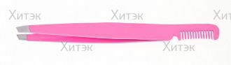 Пинцет скошенный с расческой, розовый PT-862(2)-РК